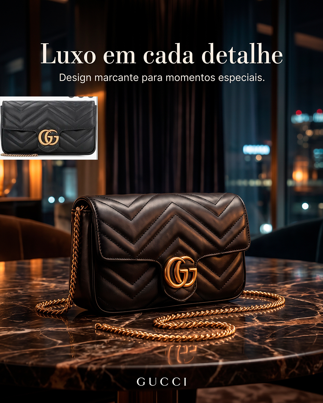 Bolsa Gucci de luxo em cenário noturno