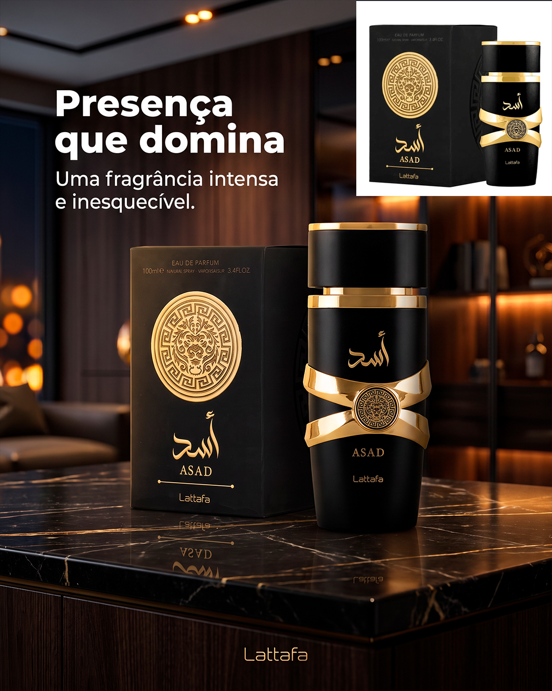 Perfume Asad Lattafa em cenário elegante